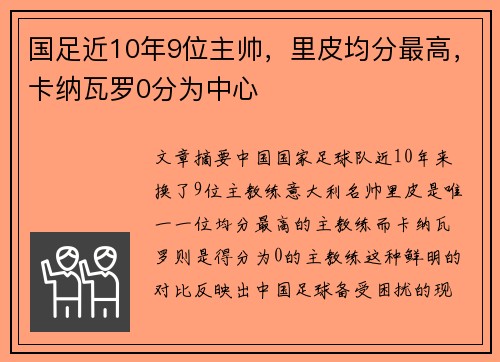 国足近10年9位主帅，里皮均分最高，卡纳瓦罗0分为中心